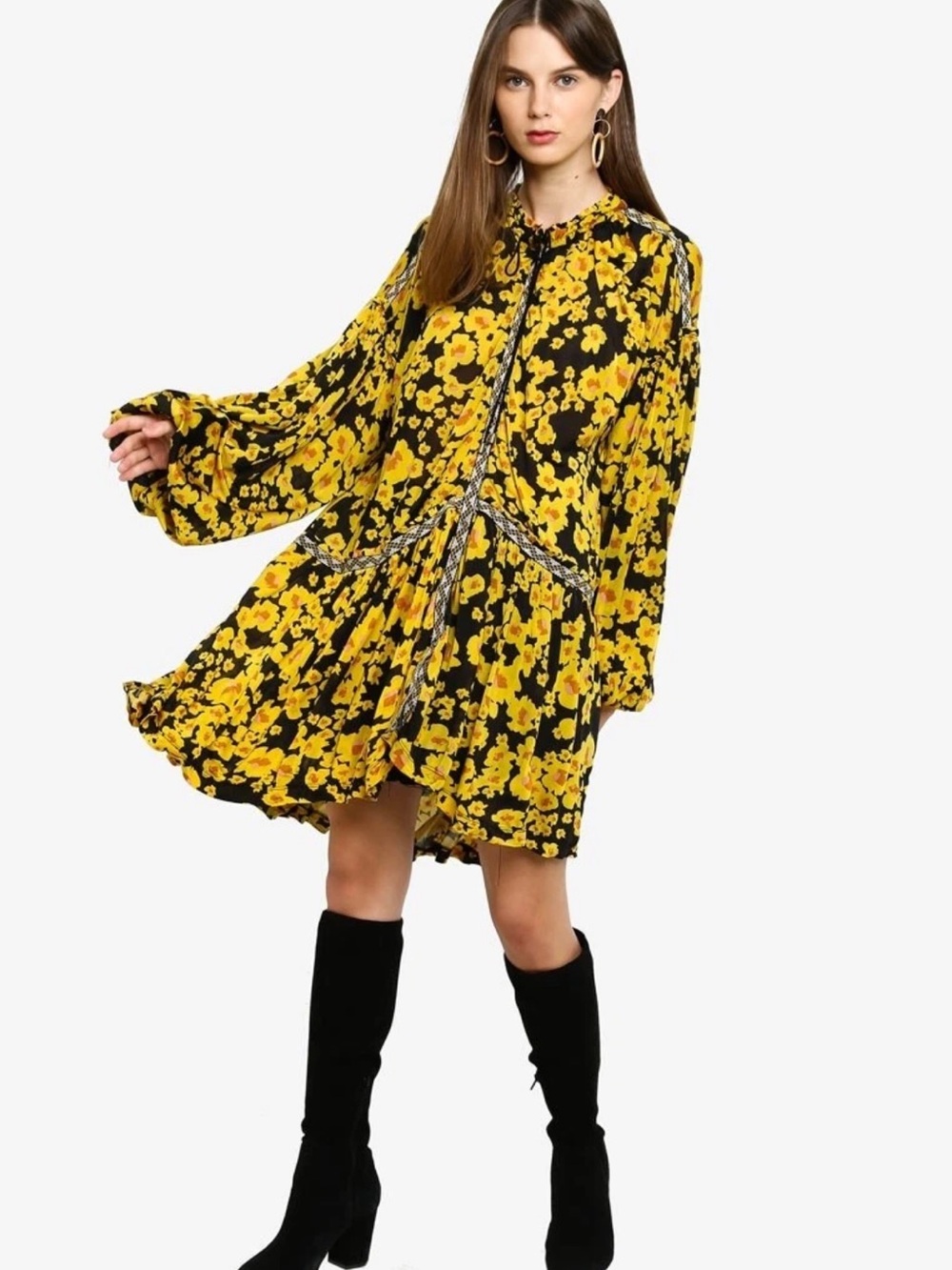New Free People Love Letter Floral Print Tunic Size Small yellow black